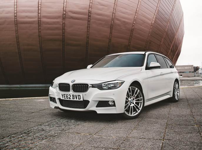 The 320d Touring pictured outside Glasgow Science Centre.